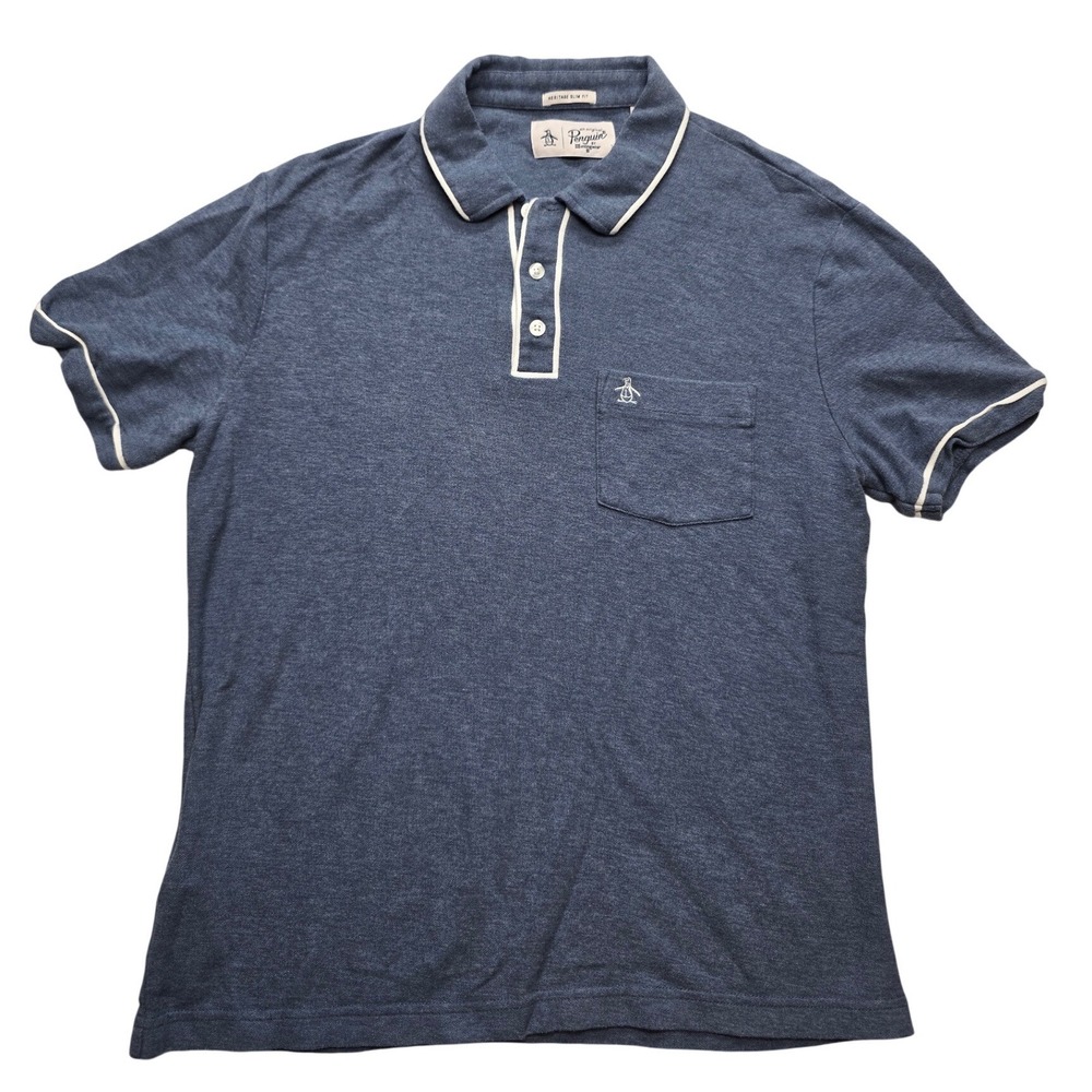 Original Penguin Heritage Slim Fit Polo Shirt Blue Tipped Pique Mens Medium X2